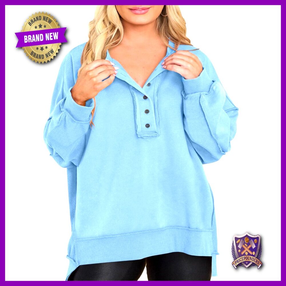 Plus Size Oversized Button Henley Sweatshirt Long… - image 1